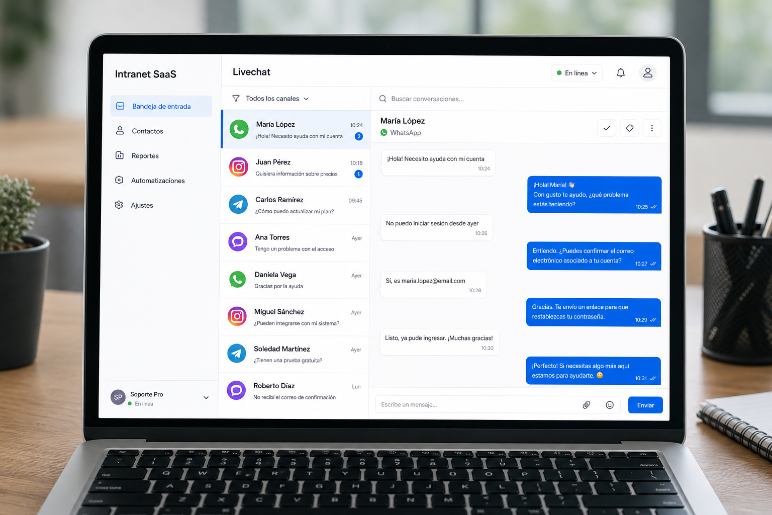 Vista del inbox de livechat con conversaciones multicanal
